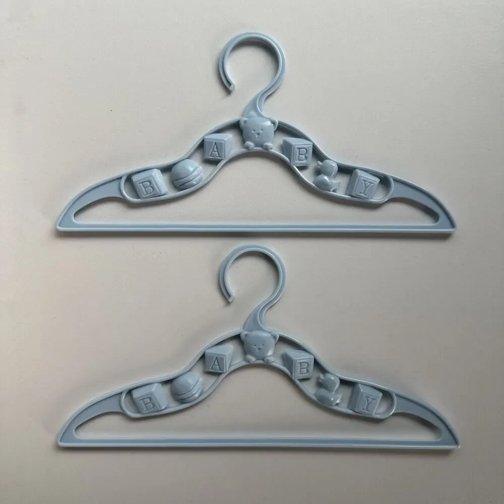 2 Vintage Blue Plastic Kids Clothes Hangers - Teddy Bear & Baby Blocks
